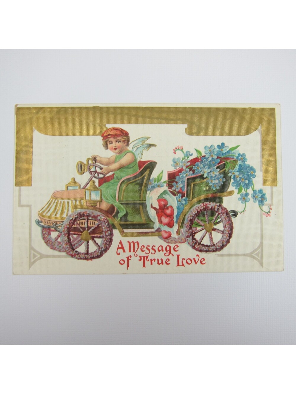 Postcard Valentine Greeting Antique Cupid Angel Auto Flowers Embossed UNPOSTED